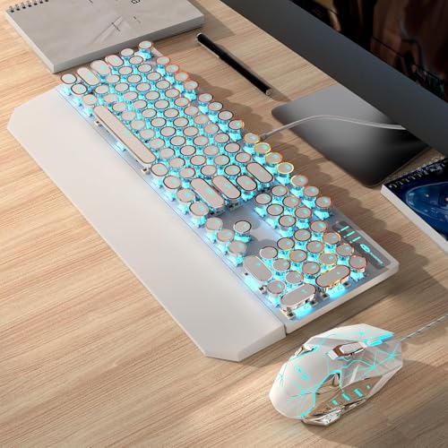 Image of MageGee MK-Storm Typewriter Mechanical Gaming Keyboard and Mouse Combo, Retro Punk Round Keycap Blue LED Backlit USB Wired Computer Keyboard for Game Red Switches(White)