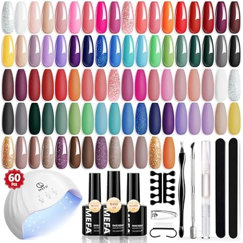 MEFA 60 Pcs Gel Nail Polish Kit with U V Light, 42 Colors All Seasons Collection Nude Colorful Gel Polish Essential Set with 5 Psc Matte/Glossy Base Top Coat, Cuticle Remover, Salon Gifts for Women Cover