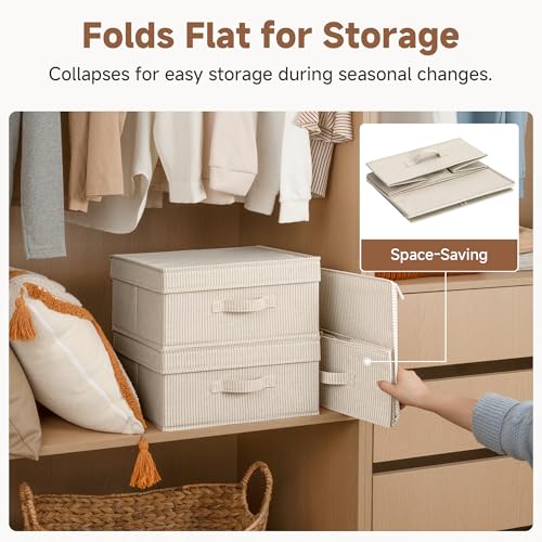 Image of StorageWorks Storage Bins with Lid, Decorative Fabric Storage Bins with Handles, Stackable Closet Organizers for Shelves and Bedroom, Small, Khaki and Beige Stripes, 2-Pack