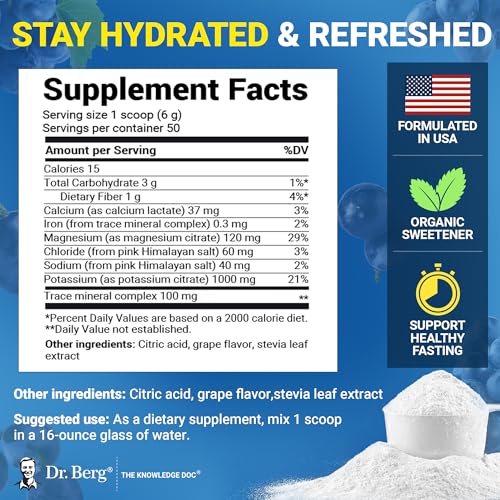 Image of Dr. Berg Zero Sugar Hydration Keto Electrolyte Powder - Enhanced w / 1000 mg of Potassium & Real Pink Himalayan Salt (NOT Table Salt) - Grape Flavor Hydration Drink Mix Supplement - 50 Servings