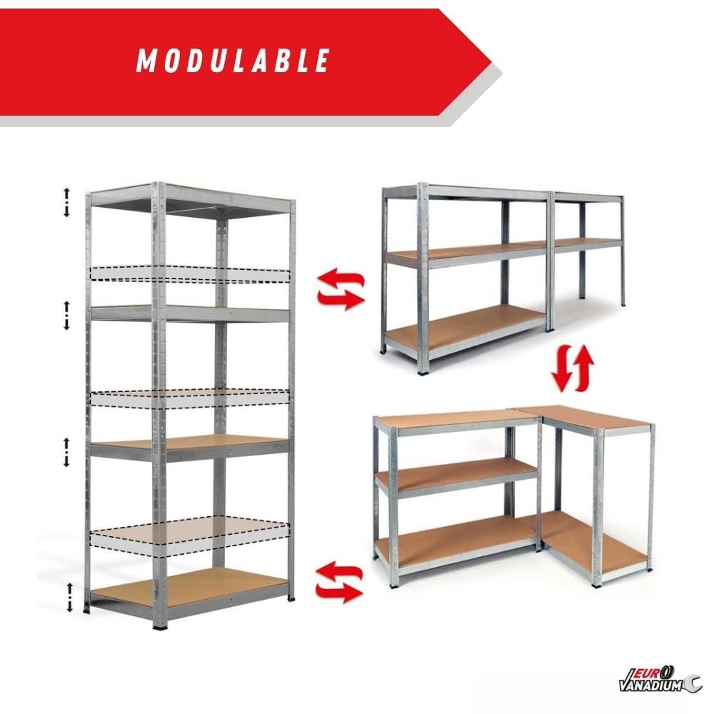 Double Étagères de Rangement Charges Lourdes - 160 x 160 cm - 640 kg - Étagères de Garage modulables, 4 Niveaux, 8 Plateaux - 40 cm - Gris