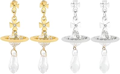 2 Pairs Shiny Saturn Planet Drop Earrings for Women - Crystal Zircon, Orb Design- Sparkling Jewelry Gift
