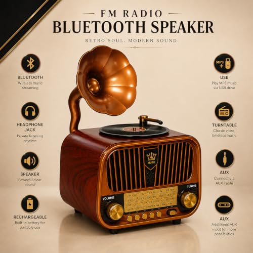 Image of Fire Turtle Vintage-Style FM Radio with Bluetooth Speaker | Portable Retro Music Player with Type-C Charging USB, SD Card, Headphone Jack & Frequency Knob - Brown