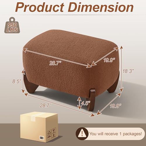 Image of WUTUTUEE 28.7 inch Sherpa Boucle Ottoman with Solid Wood Legs, Modern Upholstered Footstool, Comfy Ottoman for Living Room, Bedroom, Caramel