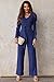 BLENCOT Women Long Sleeve Fashion V Neck Jumpsuits Belted Wide Leg Formal Rompers Jumpsuits Blue Medium