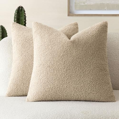 Image of Foindtower Pack of 2, Curly Faux Fur Decorative Throw Pillow Covers Soft Fuzzy Plush Cushion Case with Zipper Cozy Pillowcase for Home Living Room Couch Bed Sofa 16 x 16 Inch,Taupe Khaki Camel