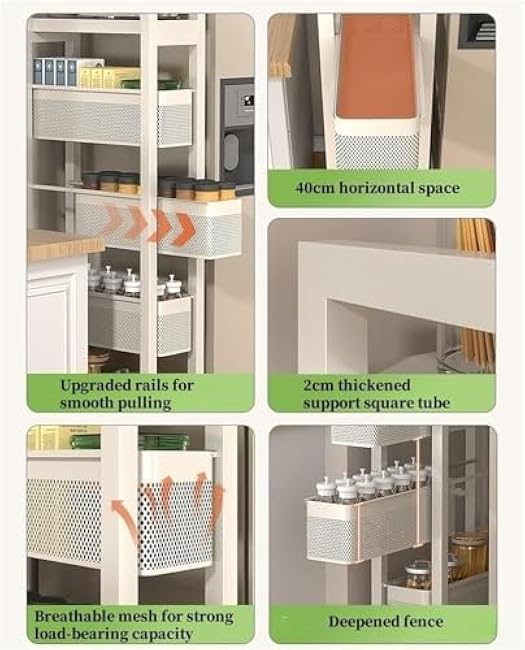 5-Tier Rolling Gap Storage Rack with Wheels - Narrow Carbon Steel Organizer for Kitchen & Fridge Side - Space-Saving Cabinet (Black)