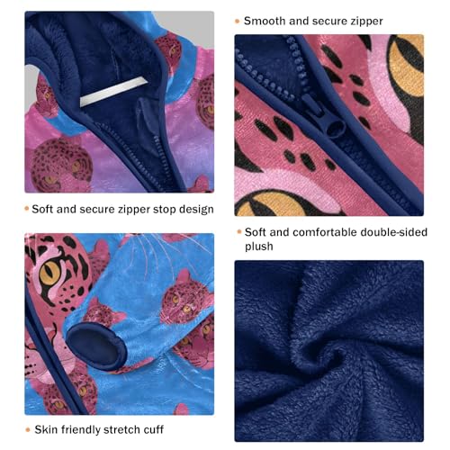 Leopard Faces Pink Toddler Fleece Jacket Girl Boys Hooded Fleece Jacket Coat Warm Outwear Zip-up 3-10T3