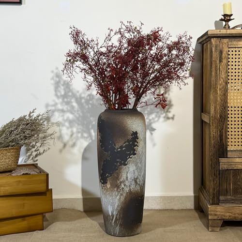 Duoqulou Jarrón de suelo de cerámica rústica grande, 50 cm, jarrón vintage bohemio para decoración del hogar, jarrón de terracota con textura para salón, estantería o entrada