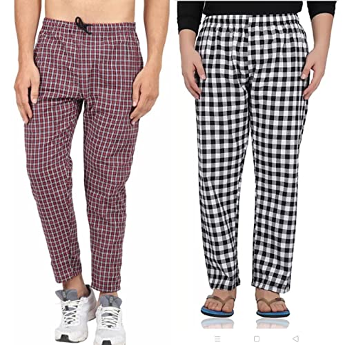 Image of Men's Cotton Checkered Printed Pyjama, Pajamas Colors -(Red, Blue Pack of 2