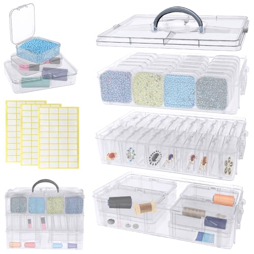 Image of Guyuyii 58 Pcs Transparent Bead Organizer with Portable Handle and Labels | 3-Tier Bead Organizers and Storage for Craft Supplies, Jewelry Making, Diamond Painting, Earrings, Sewing