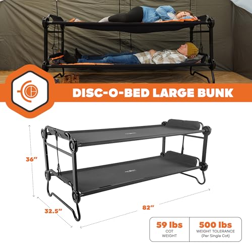 Image of Disc-O-Bed Large Outdoor Convertible 2 Person Bench and Double Camping Cot Portable Bed Bunk System for Adults, Black
