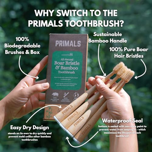 PRIMALS Wildschweinborsten und Bambus-Zahnbürste, 100 % echte Wildschweinborsten, frei von Kunststoff und Nylon, 4 Stück – Bild 8