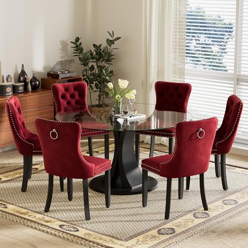 Image of 7-Piece Dining Table Set with 47In Tempered Glass Table and 6 Velvet Upholstered Chairs, Modern Scandinavian Furniture for Dining Room Kitchen(Burgundy)