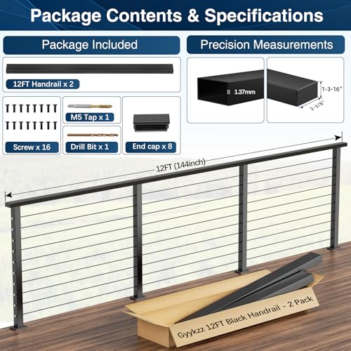 Image of 12FT Stainless Steel T304 Black Handrail, 2 Pack Rectangular Cuttable Handrail Flat Top Rail 2-3 /8 inchx1-3 /16 with Nylon End Caps for Indoor Outdoor Deck Stair Cable Railing System DIY Balustrade