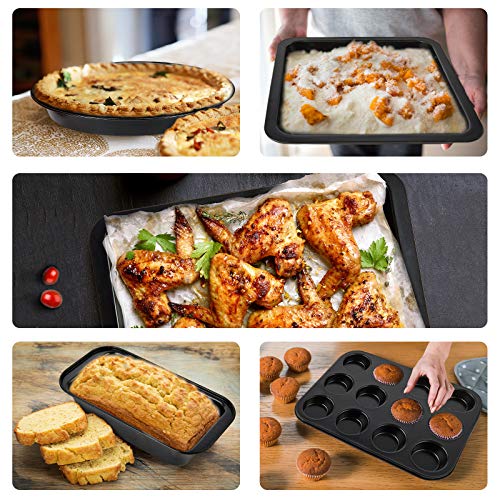 5 Pcs Nonstick Bakeware Set,Carbon Steel Baking Set Include Loaf Pan,Cookie Sheet, Loaf Pan, Square Pan, Round Cake Pan, 12 Cups Muffin Pan,2 Mini Oven Mitts,1 Round Dish Sponge and 1 Basting Brush