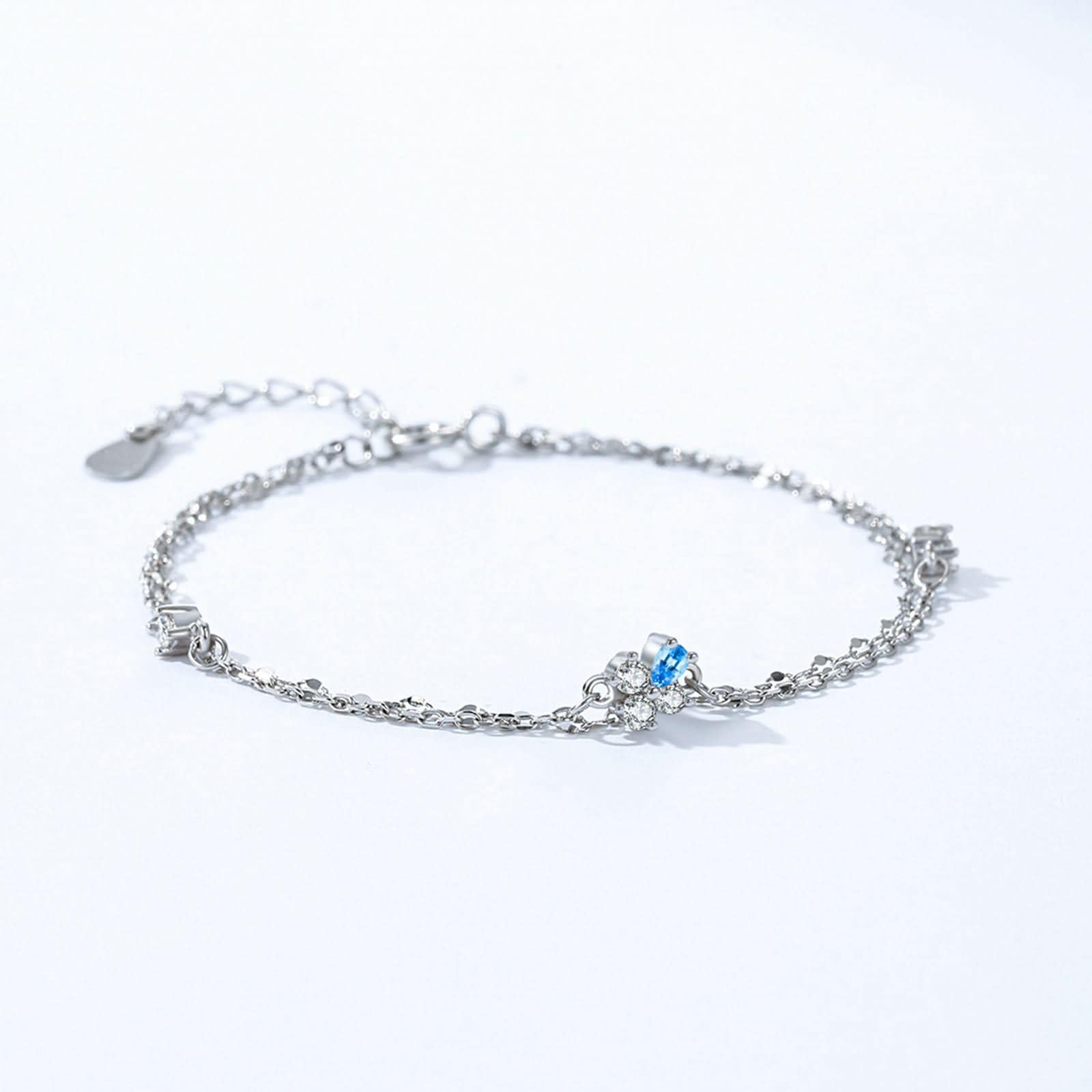 Pulseras de Mujer de Oro Blanco de 9Kilates / 14Kilates / 18Kilates, Cadena Doble Capa con Topacio y Moissanita, Cadena Extensible 16 CM + 5 CM, Pulsera de Plata Azul de Ajustable Mujer