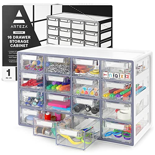Arteza 16 Drawer Organizer and Storage Cabinet &ndash; Clear Plastic, Stackable Drawers for Makeup...