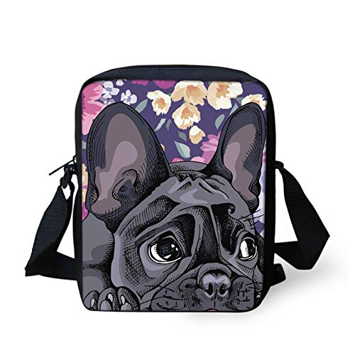 Howilath Lustige Kuriertasche mit Tiermotiv, für Outdoor-Reisen, Schultertasche, Handytasche, Französische Bulldogge mit Blumenmuster, Small Cover