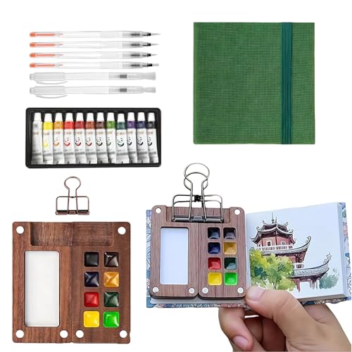 Yamobi Mini Kit Acuarela Viaje,Mini Set de Acuarelas con Tazones Vacíos, Paleta de Acuarelas para ViajarKit de Paleta de Acuarelas en Miniatura de 8 Cuadrículas