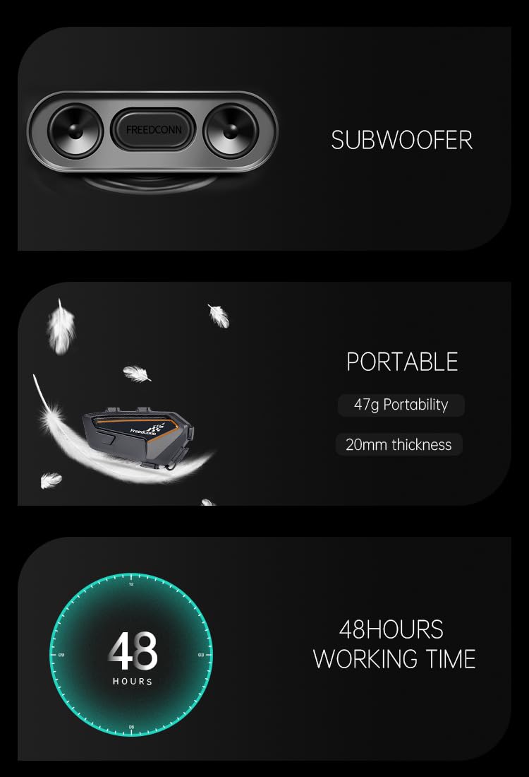 FreedConn QC Bluetooth 5.2 Motorcycle Headset, Helmet Headphones Speakers with Strong Bass, 1100mAh Hands Free Earphones Hard Mic, IP67 Waterproof, Music Call Control, Wake Up Siri (F1)