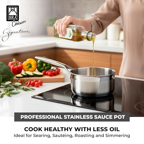 Image of BRA COOKWARE Signature Stainless Steel Sauce Pot w /Glass Lid | 6.3 Inch 1.2 Quart Professional Grade Saucepan | PFOA Free Warming Pot | All Cooktops | All Cooktops (incl. Induction) & Oven Safe