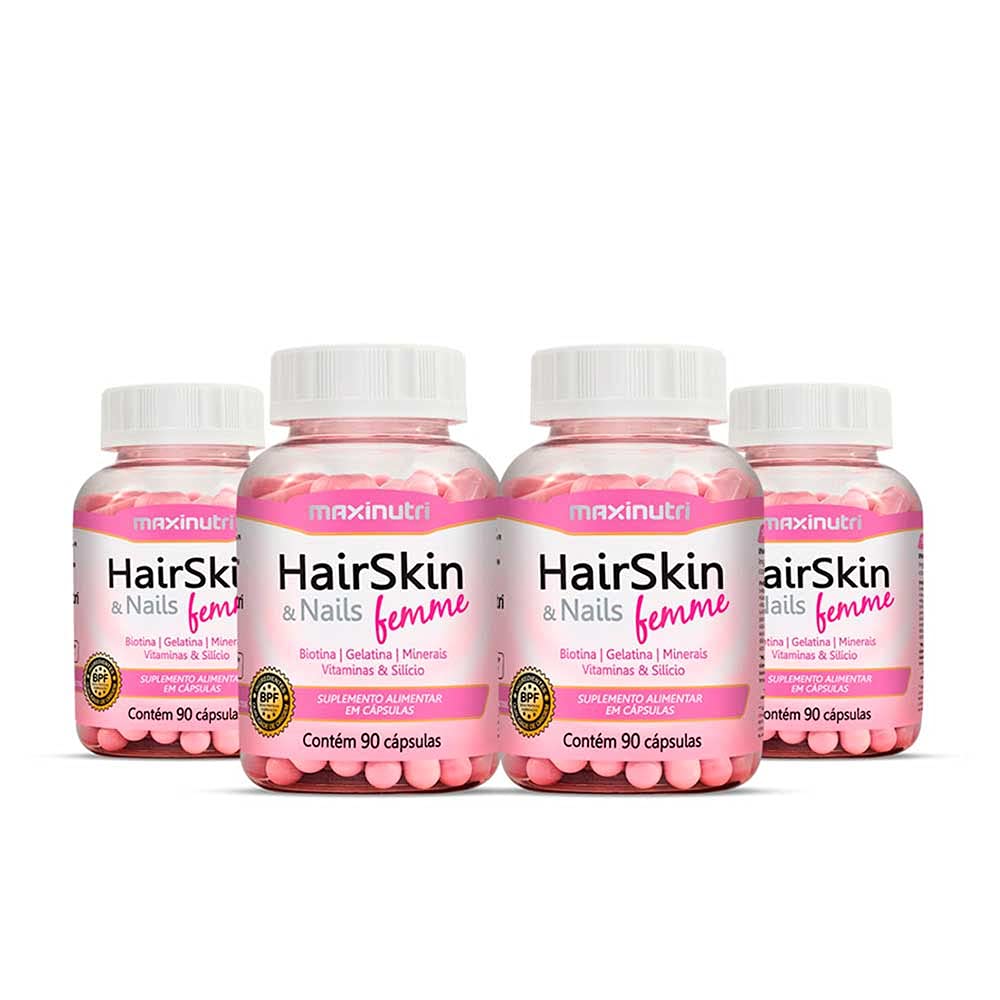 04 HairSkin Femme Biotina e Minerais 90 Cápsulas Maxinutri em promoção! Veja a oferta e mais achadinhos de Vitaminas & Suplementos 2 Hoje é o melhor dia para comprar 04 HairSkin Femme Biotina e Minerais 90 Cápsulas Maxinutri com aquele preço maroto! Promoção! Aproveite a oferta! 2