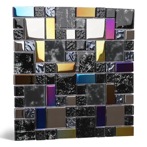 V-MOZZA Glass Backsplash Tile, 5-Sheet Glass Mixed Metal Mosaic Tiles Subway Tile Backsplash for Kitchen Wall Bathroom (5 Square Feet)