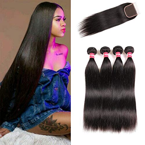LONG YAO Brazilian Straight Virgin Hair 4 Bundles with Closure 4×4 Lace Closure with Bundles 100% Virgin Human Hair Extensions Weave weft Natural Color (20 20 20 20 W 18 Closure)