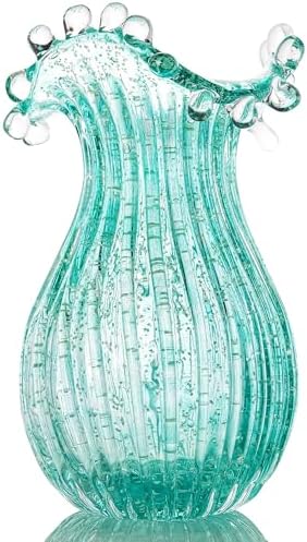 QFkris Hand Blown Glass Luminous Vase for Flowers 8" Teal Crystal...