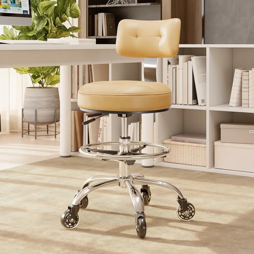 Image of Office Drafting Chair with Footrest, Tall Height Adjustable Stool with Back Support, Heavy Duty Rolling Stool Chair with Wheels for Office Home Kitchen Bar Shop Guitar Studio Vanity, White