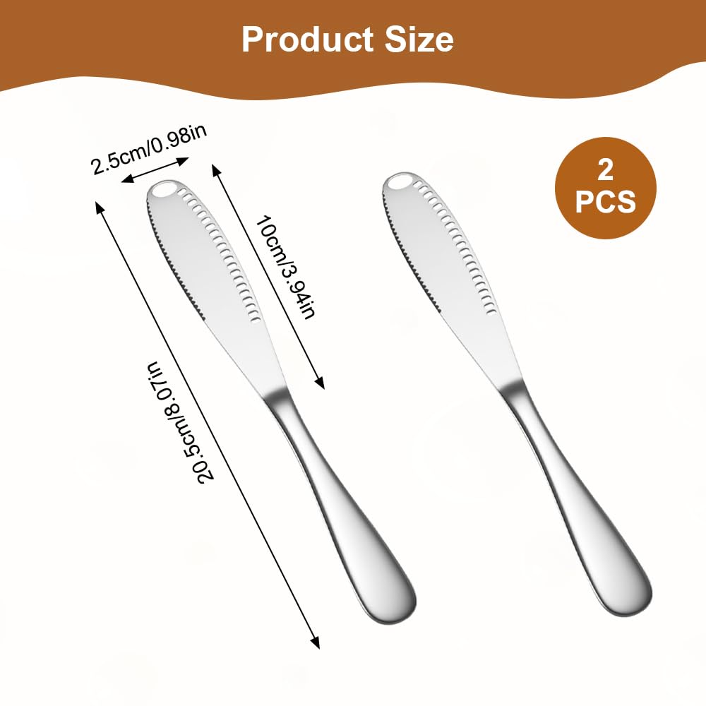 2 Piezas Cuchillo de Mantequilla de Acero Inoxidable, 20,5 cm Esparcidor de Mantequilla, con Borde Dentado y Estructura Ranurada, para Mermelada, Nata, Tarta, Queso, Frutas, Verduras (Plata)