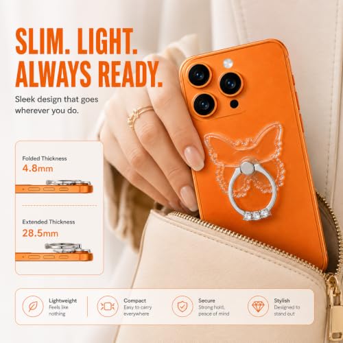 Image of Mizi 2-Pack Butterfly Phone Ring Holder Stand, 360 Rotating Finger Grip Kickstand - Sparkling Rhinestones, Strong Adhesive Transparent Phone Ring - iPhone, Samsung, Tablets & Most Phone Cases, Clear