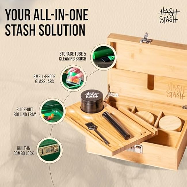 The OG Storage Box - Large Bamboo Box with Combination Lock, Magnetic Lid, Organizer Tray, Airtight Tube and 3 Smell-Proof Jars - Discreet Decorative Locking Wooden Box with Accessories (Wood/Silver)