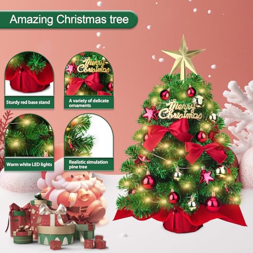 Komzon Mini árvore de Natal com luzes, árvore de Natal pequena de mesa de Prelit 50,8 cm, pinheiro e