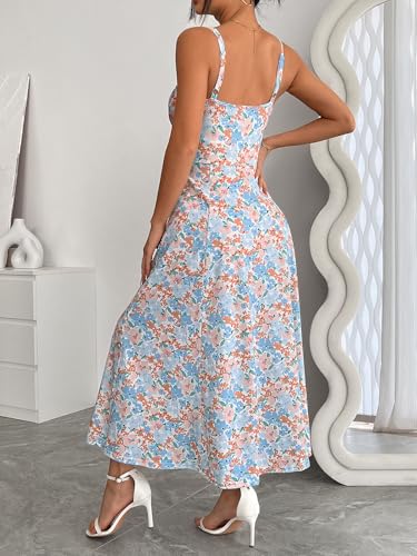 Image of YATHON Women's Summer Midi Corset Boho Dresses Spring Casual Floral Spaghetti Straps Lace Up Dress Flowy Aline Beach Sundress