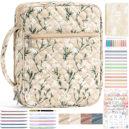 Bible Cover Case for Women Large Bible Bag Bible Study Supplies Journaling Kit Quilted Church Bag with Handle Puffer Book Carrying Case w/Tabs Accessories Kit Christmas Christian Gifts for Women Mom
