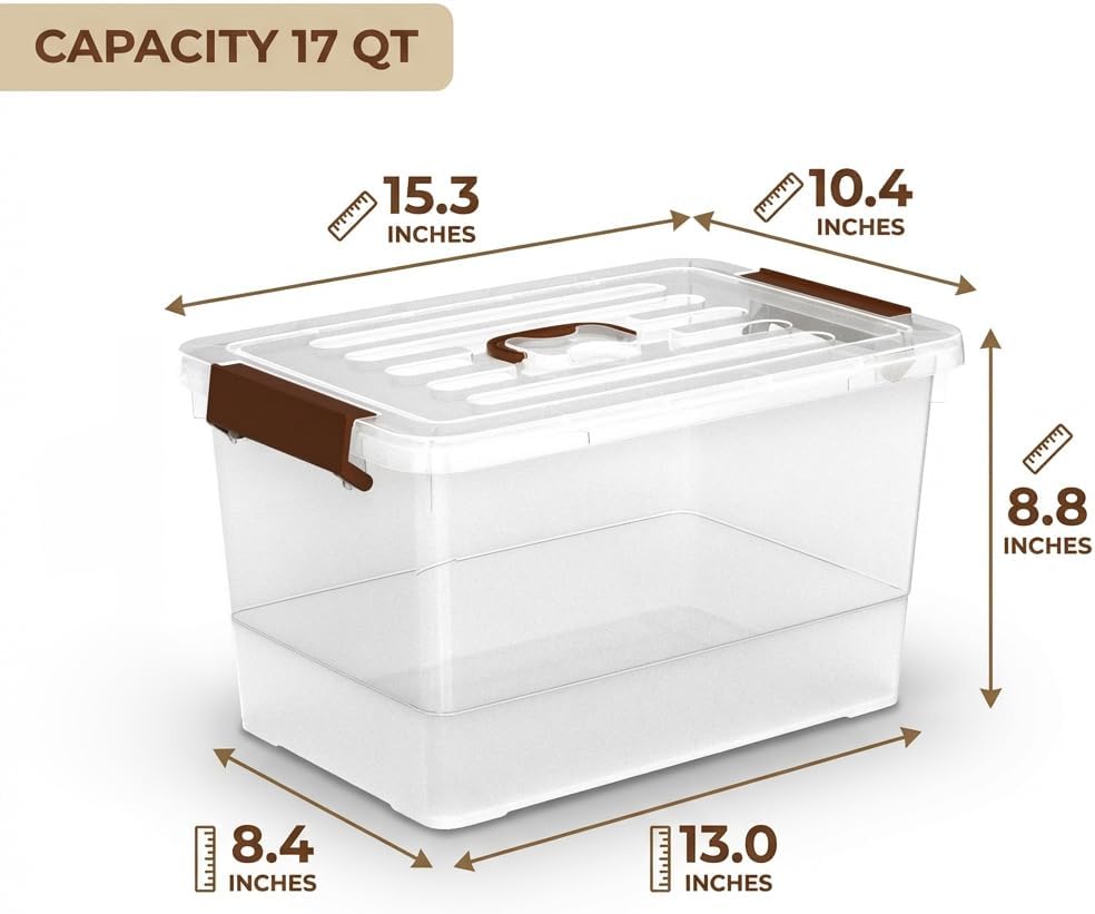 17 Quart Clear Storage Bins with Lids, 6-Pack Stackable Plastic Organizer Box with Secure Latches & Handles