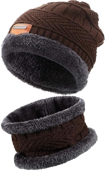 Winter woollen beanie cap and neck warmer scarf set warm knit fleece lined hat skull cap muffler combo for men and women air proof woolen winter wear-image-35