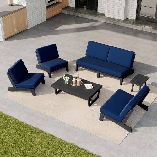 Image of Pia Ricoo 6-Piece Patio Furniture Set, Outdoor Wood Sofa with Loveseat, 2 Chairs, Coffee Table & Side Table, All-Weather Conversation Set for Backyard /Deck /Lawn - Navy /Dark