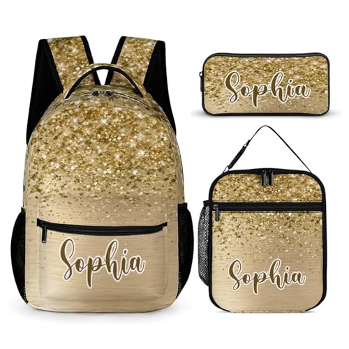zaaprintblanket Custom Gold Glitter Sparkling Bling Print Backpack 3 Piece Set Personalized School Backpack with Lunch Bag Pencil Case for Boys Girls Kids