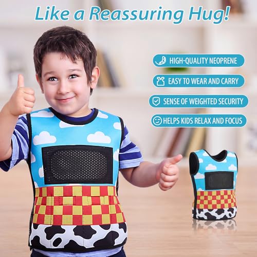 Image of Janmercy Weighted Vest for Kids Ages 4 to 7 and Ages 8+ Boy Girl Adjustable Breathable Compression Vest for Processing Issue (Animated Style,Small,Denim Blue,Beige)