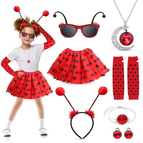 GLGHMH 9pcs Kids Ladybug Costume, Polka Dots Tutu Skirt with Headband Sunglasses Arm Sleeves Bracelets Necklaces Ear Clips, Ladybird Fancy Dress Costume for Kids Girls World Book Day Halloween