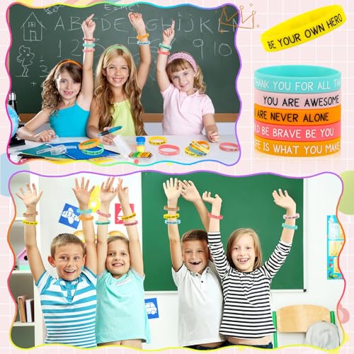 Image of JUNEBRUSHS 64pcs Motivational Silicone Bracelets Bulk Colored Inspirational Rubber Wristbands Unisex for Student Teacher Office Prizes Gifts Back to School Party Favor Supplies (16 Designs)
