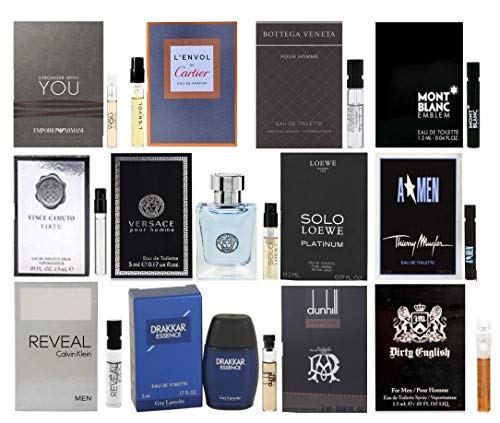Designer Fragrance Sampler for Men - Lot x 12 Cologne Vials with Two Deluxe Miniature Bottles