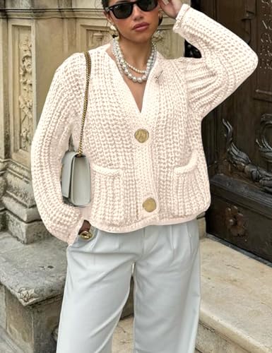 Image of Yimoon Women's Cropped Cardigan Sweaters Button Down Long Sleeve Chunky Knit Cardigan Fall Open Front Sweater Coat with Pocket(Beige-L)