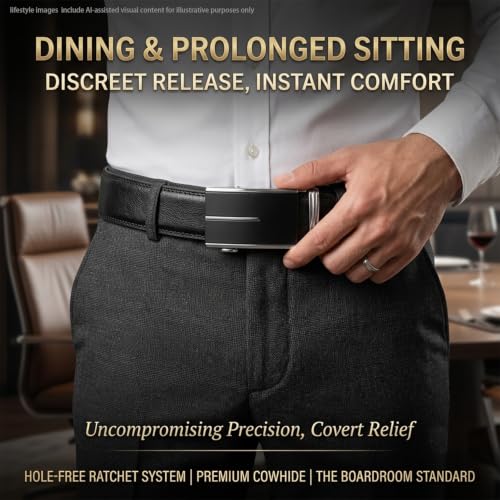 Image of JINIU Men's Ratchet Belt Buckle, Black Genuine Leather Slide Belt for Men Dress Suit, Micro Adjustable Trim to Fit Boxed