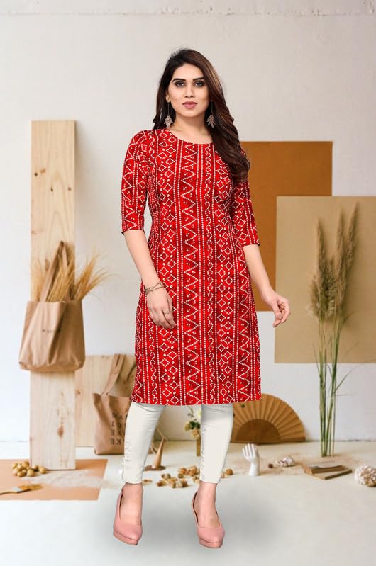 Image of JAKHANA Women's Crepe Printed Casual Straight Calf Length Round Nick Kurta Pack of 4