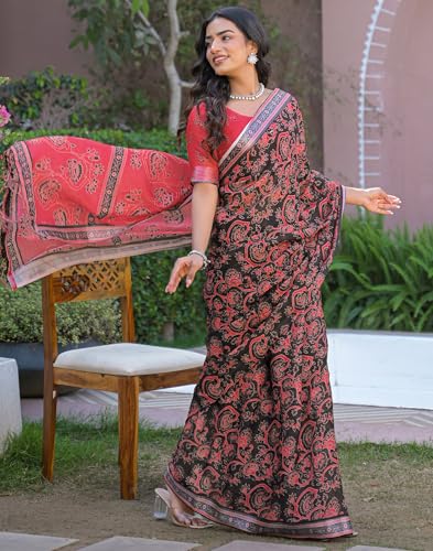 Image of SIRIL Women's Printed Cotton Saree with Unstitched Blouse Piece