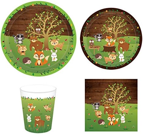 Cieovo Woodland Animals Birthday Party Supplies Set for 16 Guests Including Dinner Plates, Dessert Plates, Lunch Napkins, Cups for Baby Shower Woodland Theme birthday Animal Party